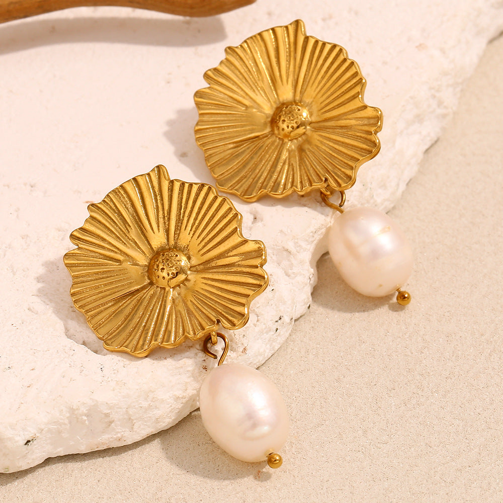 Orecchini da donna in acciaio inossidabile placcato oro 18K con perle, stile geometrico vintage francese