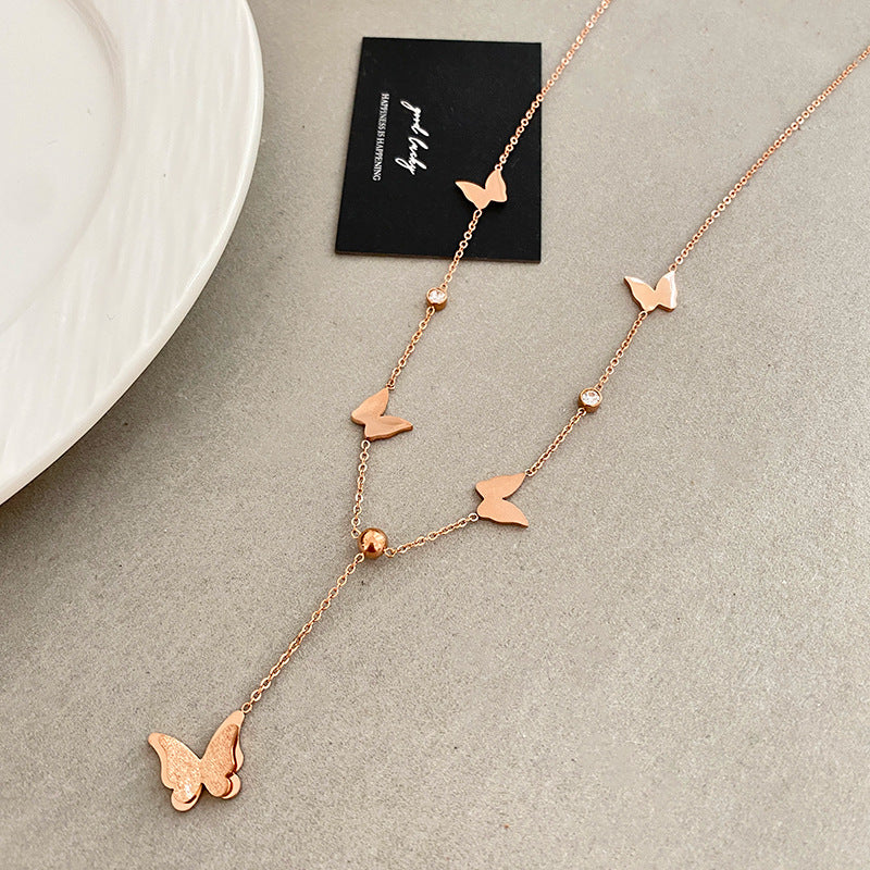 Butterfly Titanium Steel Plated Pendant Necklace with Tassel for Unisex