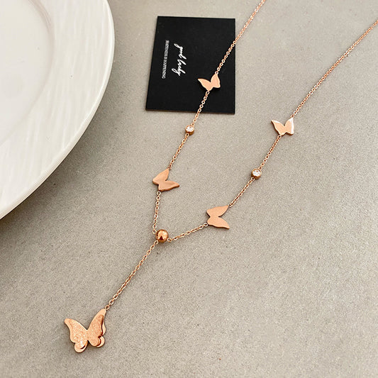 Butterfly Titanium Steel Plated Pendant Necklace with Tassel for Unisex