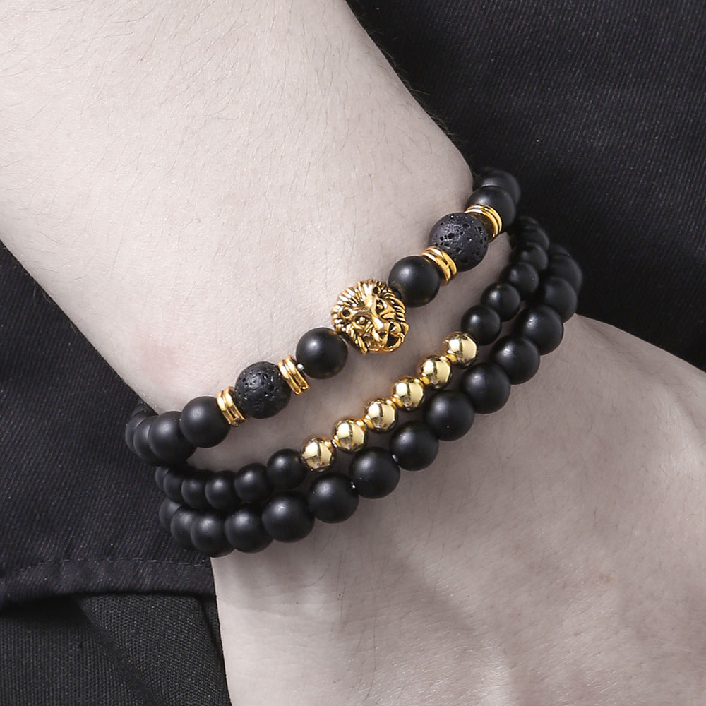 Matte Black Volcanic Stone Beaded Bracelet Set with Geometric Lion Head Charm