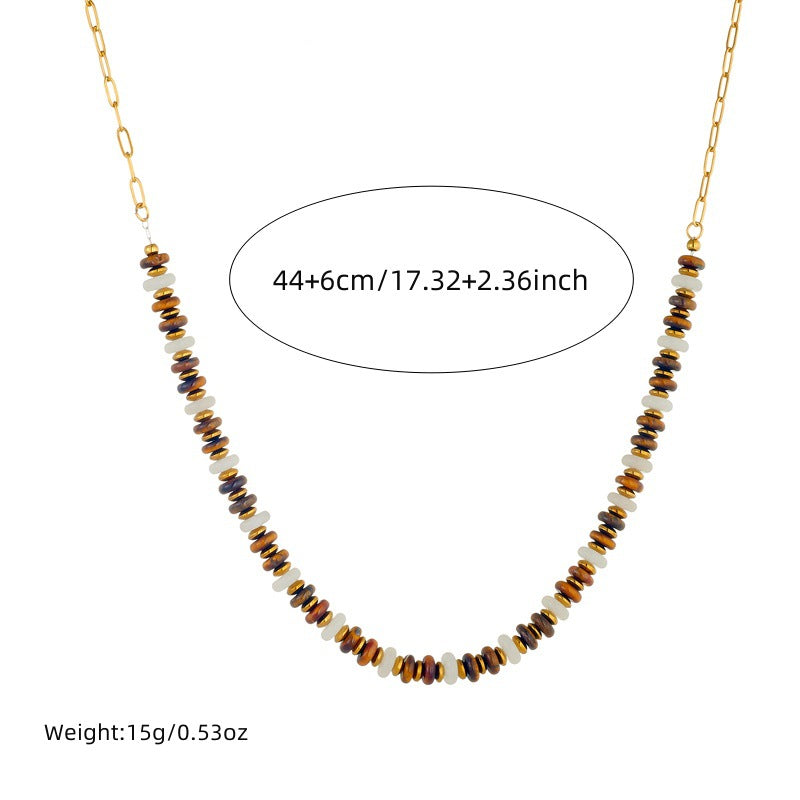 Vintage Resin Tiger Eye Agate Beaded Stainless Steel Plated Necklace and Bracelet Set for Women