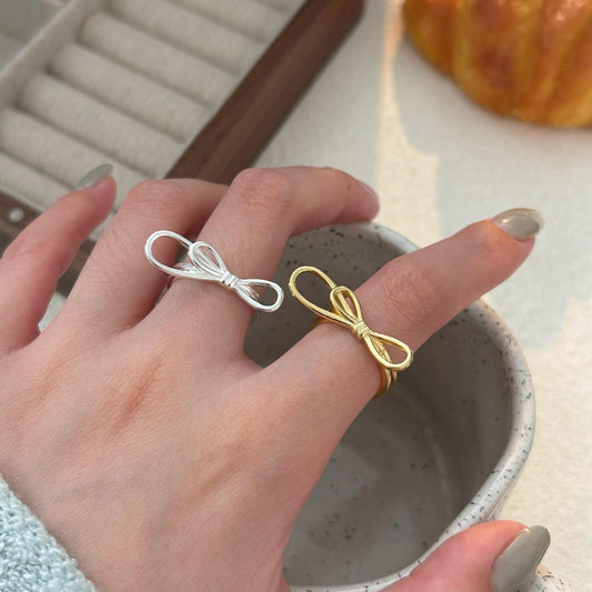 Anello Aperto a Cuore e Fiocco in Argento Sterling 925, Minimalista e Grazioso, da Donna
