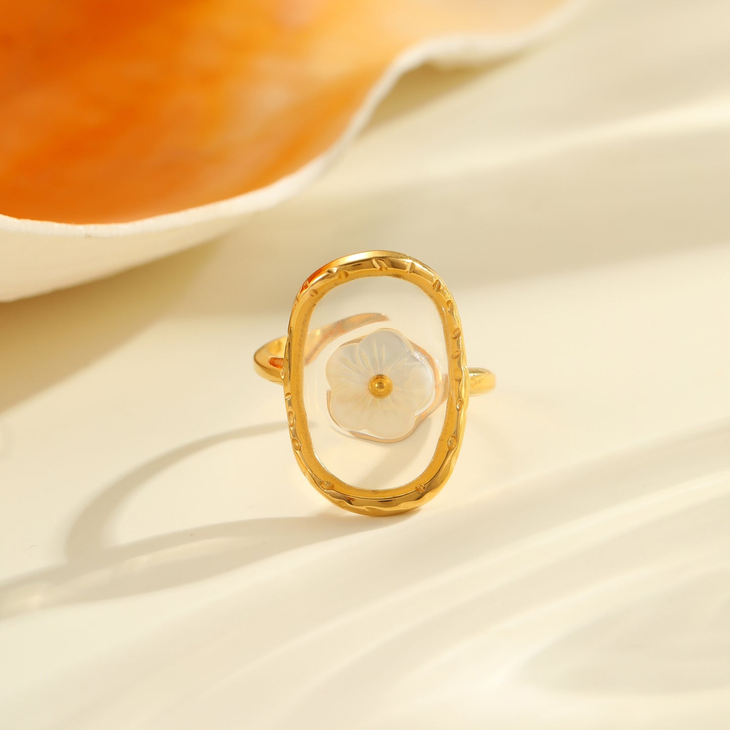 Anello da Donna Minimalista Geometrico in Acciaio Inossidabile con Madreperla e Stella Marina, Placcato Oro 18K