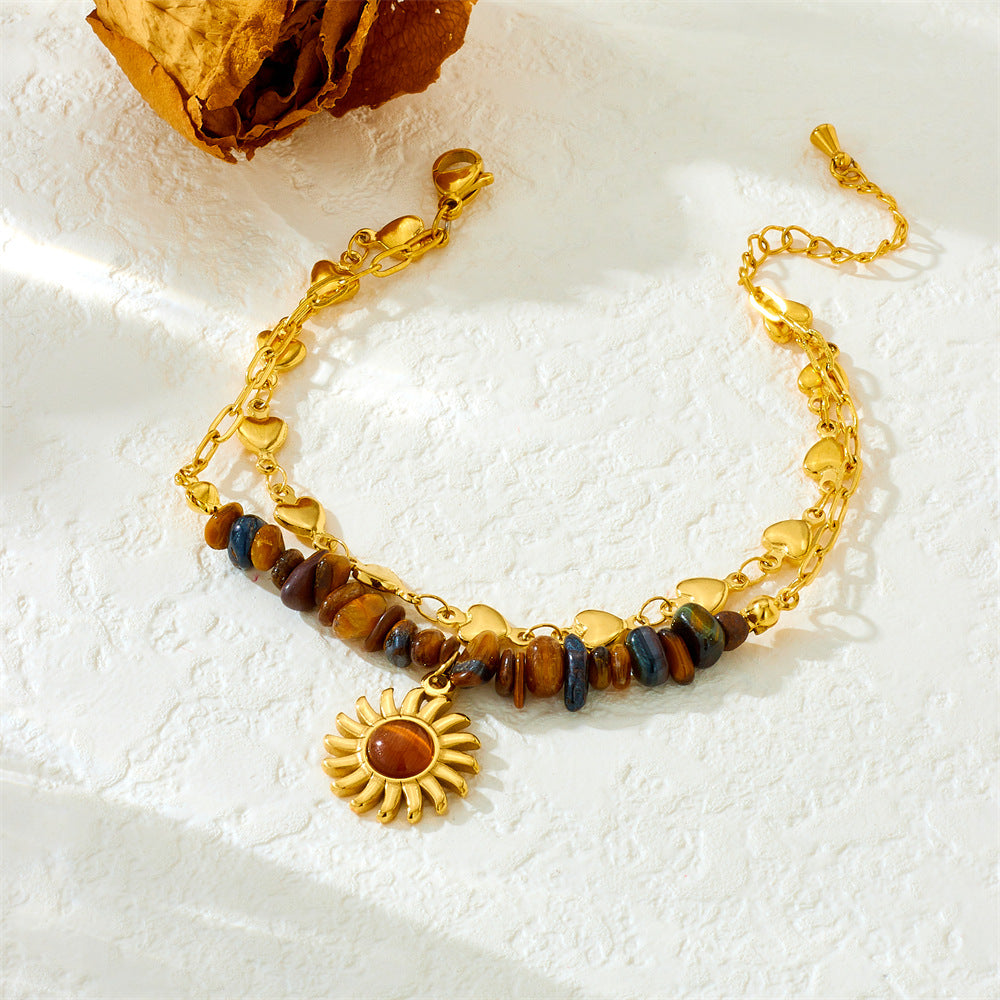 Vintage Heart Sun Stainless Steel Bracelet with Tiger Eye Beads and Double Layer Cable Chain