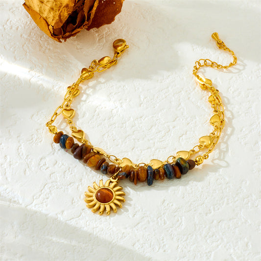 Vintage Heart Sun Stainless Steel Bracelet with Tiger Eye Beads and Double Layer Cable Chain