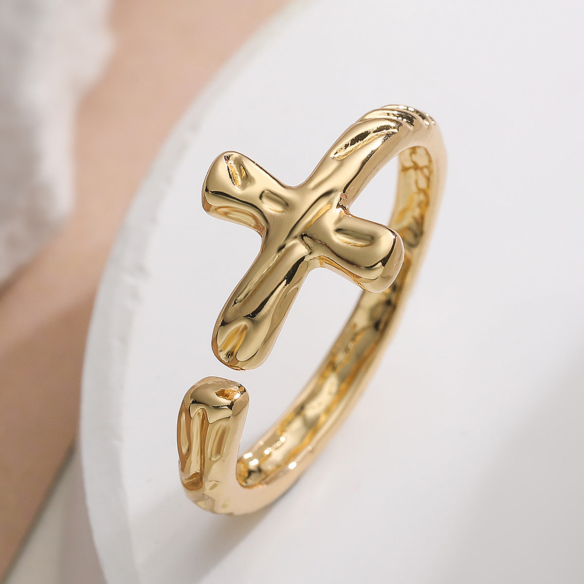 Minimalist 18K Gold Plated Brass Geometric Cross Open Ring for Women