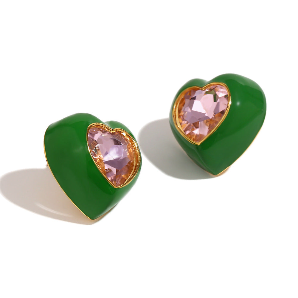 Fashionable Heart-Shaped Stainless Steel Earrings with 18K Gold Plating and Enamel Finish for Women
