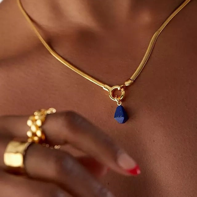 Vintage Geometric Lapis Lazuli Pendant 18K Gold Plated Titanium Steel Necklace Charm Bar