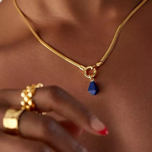 Vintage Geometric Lapis Lazuli Pendant 18K Gold Plated Titanium Steel Necklace Charm Bar