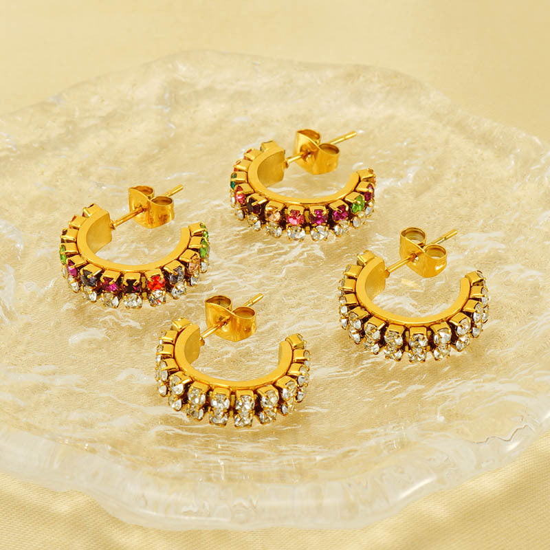 Orecchini da donna in acciaio inossidabile placcati oro 18 carati a forma di C geometrica, con intarsio di strass, alla moda