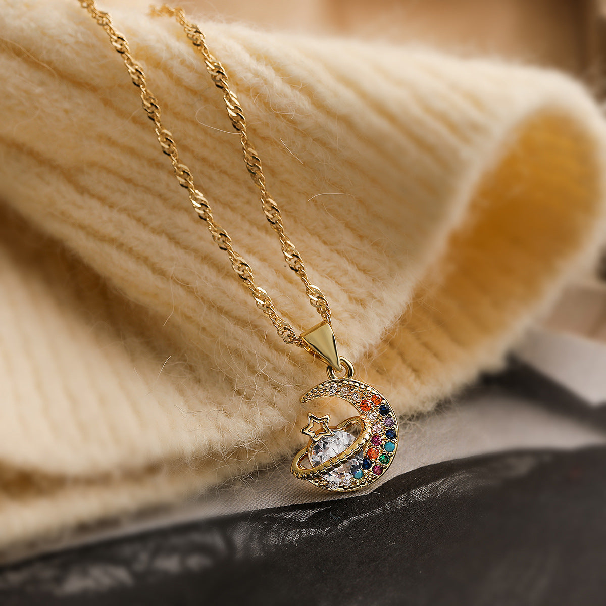 Minimalist Moon-Shaped Copper Necklace with 18K Gold Plating and Zircon Accents for Women