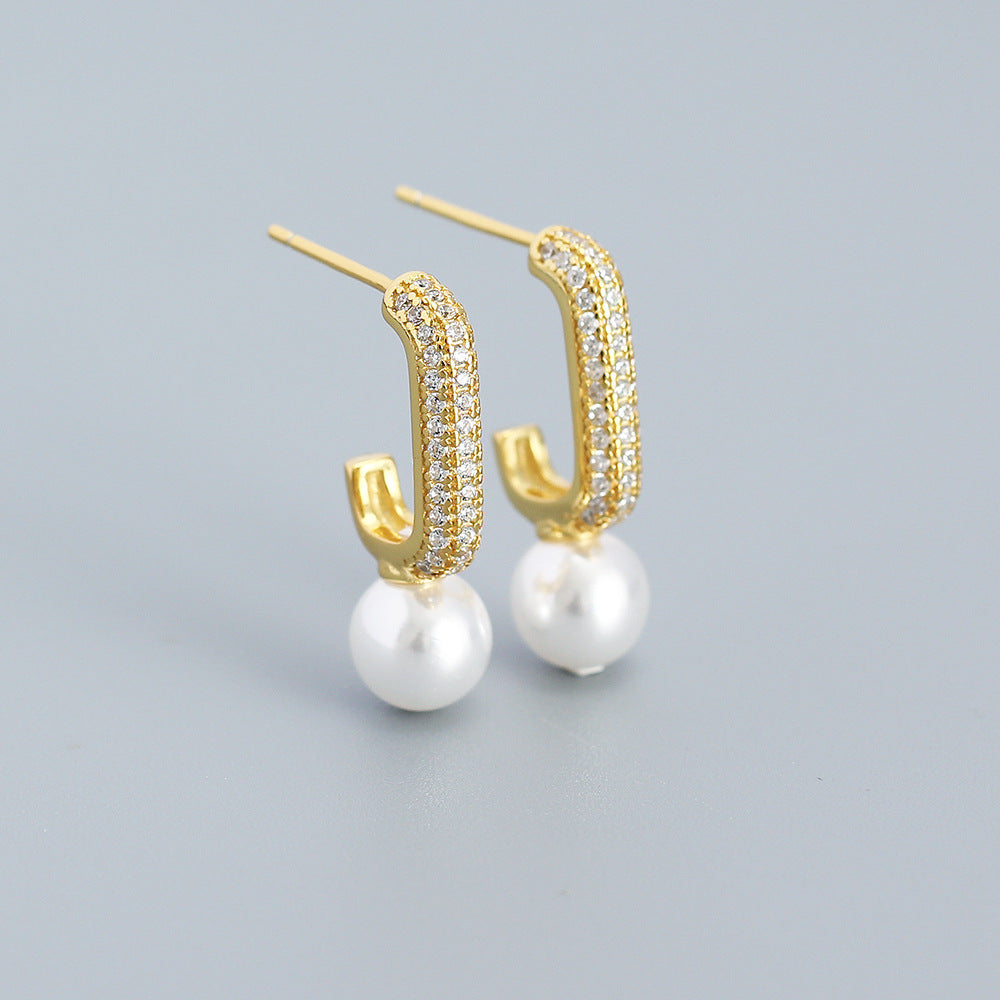 Minimalist Geometric Pearl Stud Earrings in Sterling Silver with Rhinestone Inlay for Women