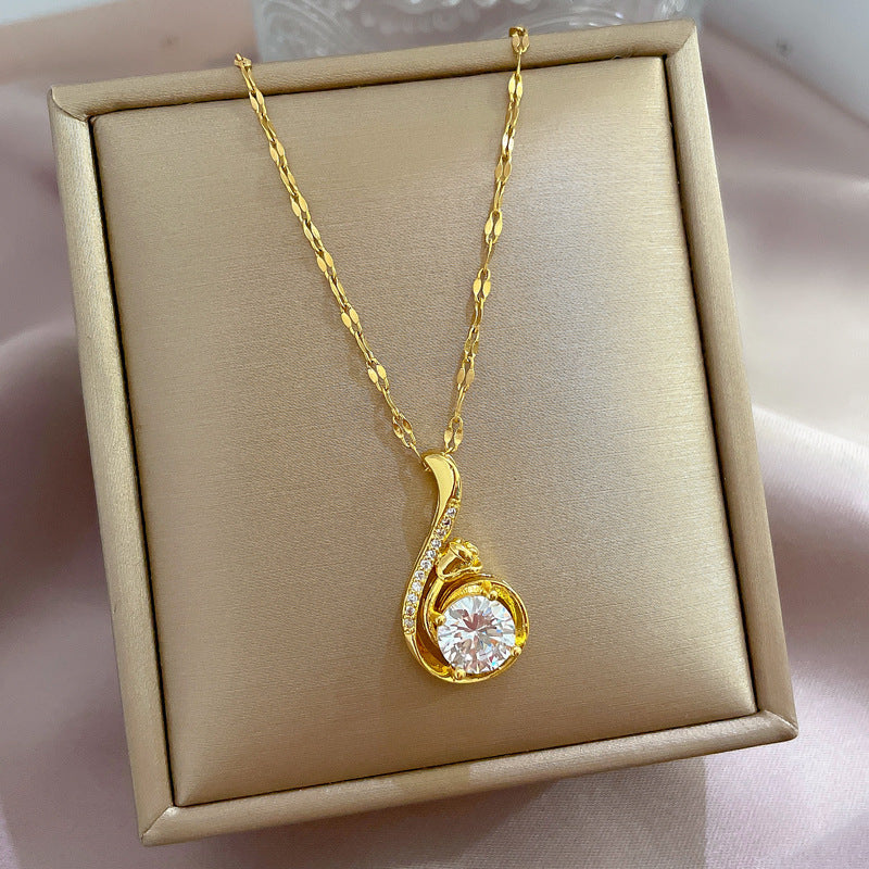 Minimalist Geometric Titanium Steel Necklace with Gold Plated Brass Pendant and Rhinestone Inlay