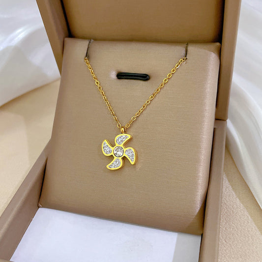 Collar con colgante de molino de viento geométrico minimalista para mujeres y hombres de acero de titanio con chapado en oro