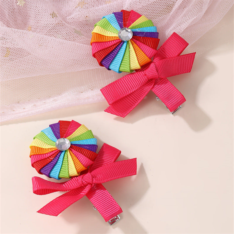 Cute Pink Candy-Themed Hair Clip for Girls with Bow Shape Fabric Construction and Ruffled Mesh Detail