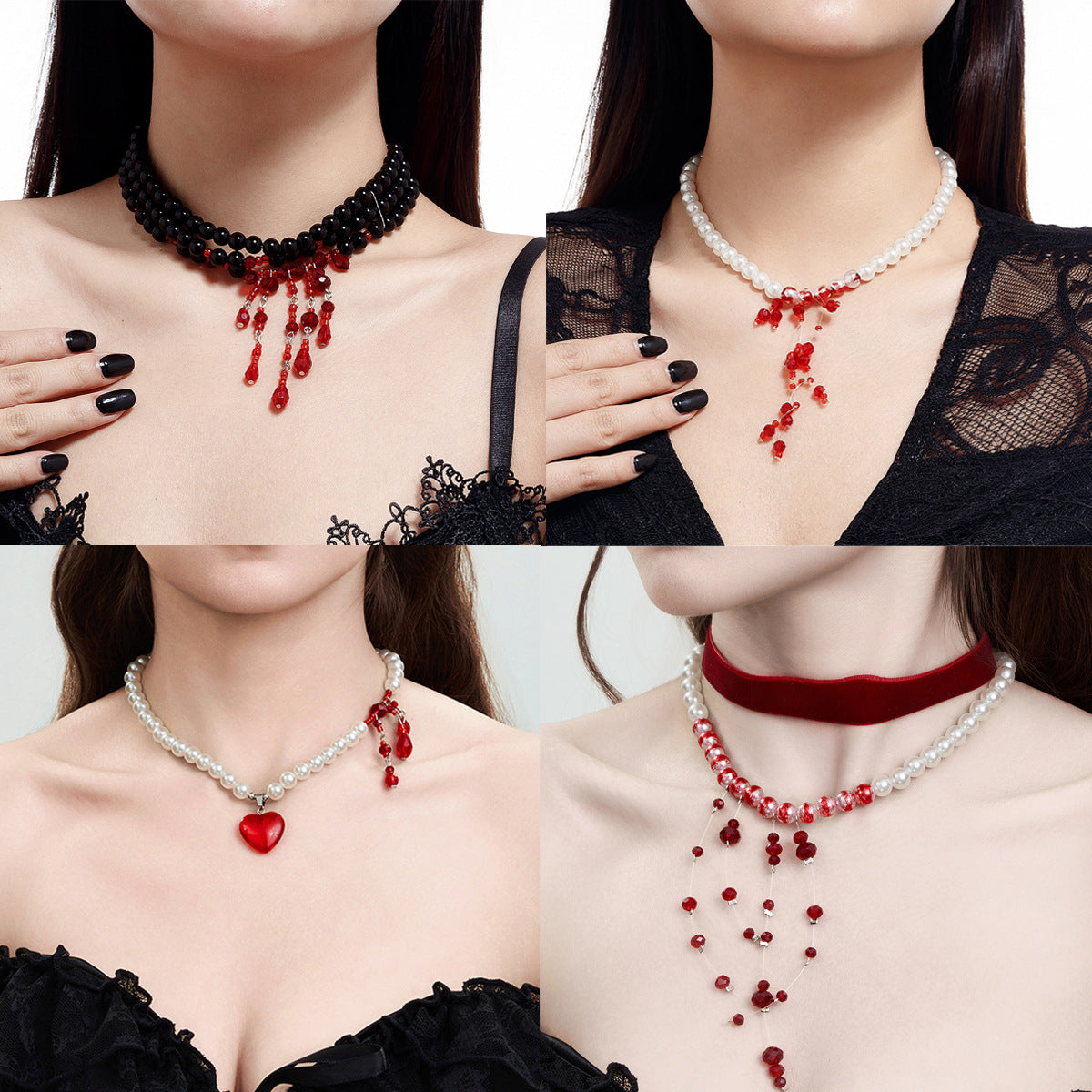Gothic Geometric Teardrop Crystal Pendant Imitation Pearl Ball Chain Choker Necklace with Tassel for Women