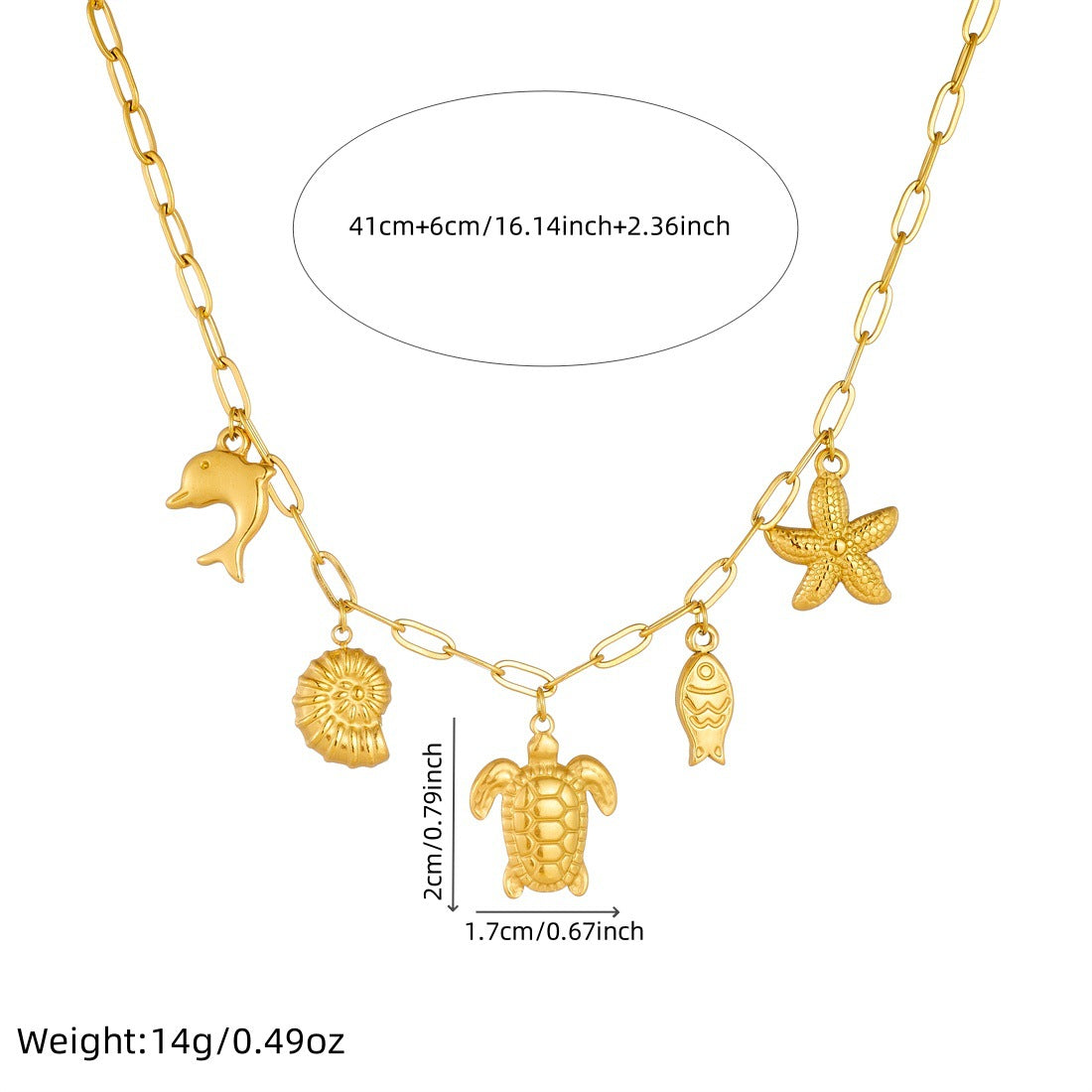 Luxury Casual Gold Plated Animal Stainless Steel Necklace Curb Chain Turtle Starfish Pendant for Women