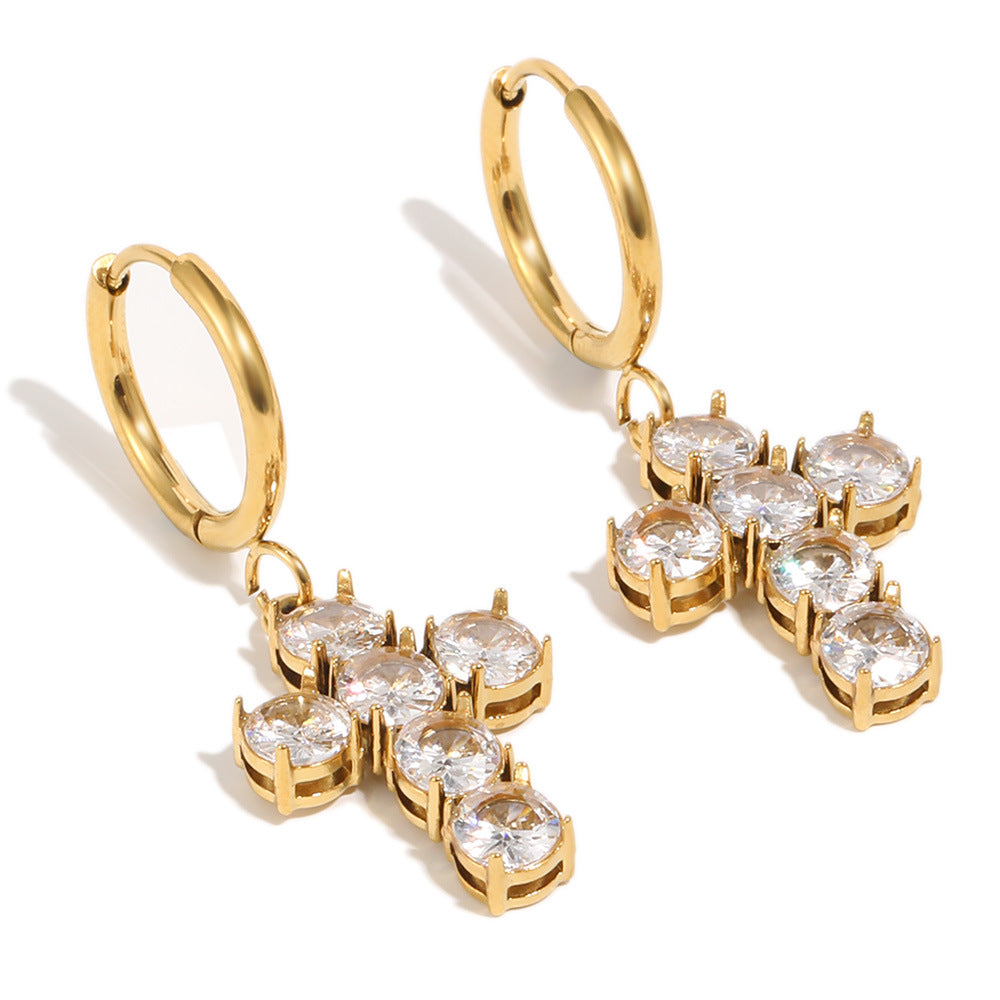 Orecchini a croce minimalistici ed eleganti in acciaio inossidabile placcato oro 18K con zirconia cubica