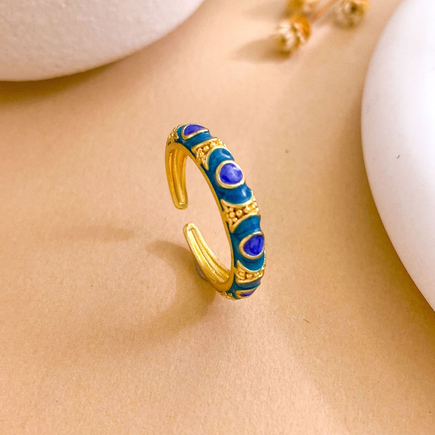 Sweet Minimalist Round Brass Ring with Enamel Evil Eye and Cubic Zirconia Inlay, Gold Plated Adjustable Band for Women