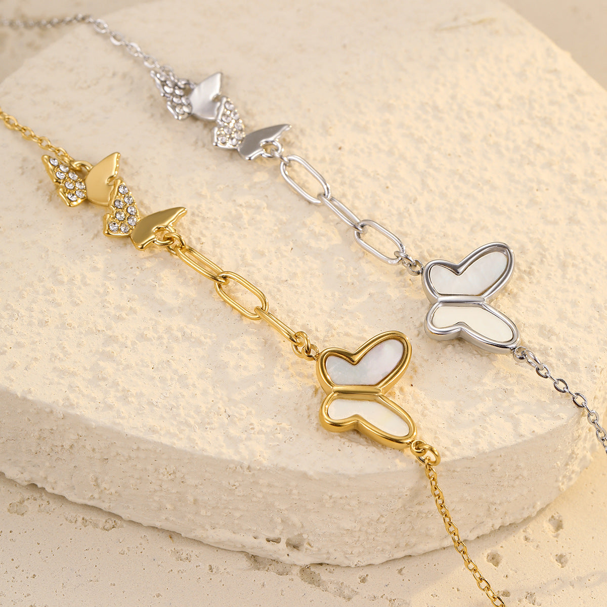 Minimalist Butterfly Shell Design Titanium Steel Bracelet for Women with Rhinestone Inlay and Plated Finish
