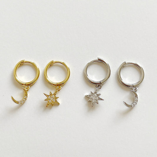 Dulces pendientes asimétricos de plata de ley 925 con diseño de estrella y luna con diamantes de imitación