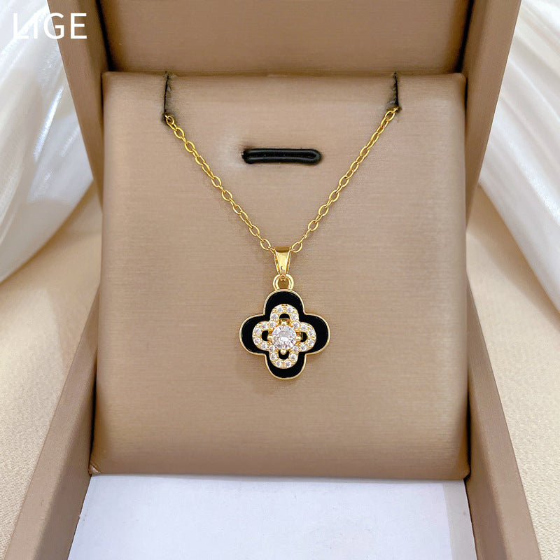Sweet Minimalist Geometric Rhinestone Rotating Clover Necklace Titanium Steel Cable Chain for Unisex