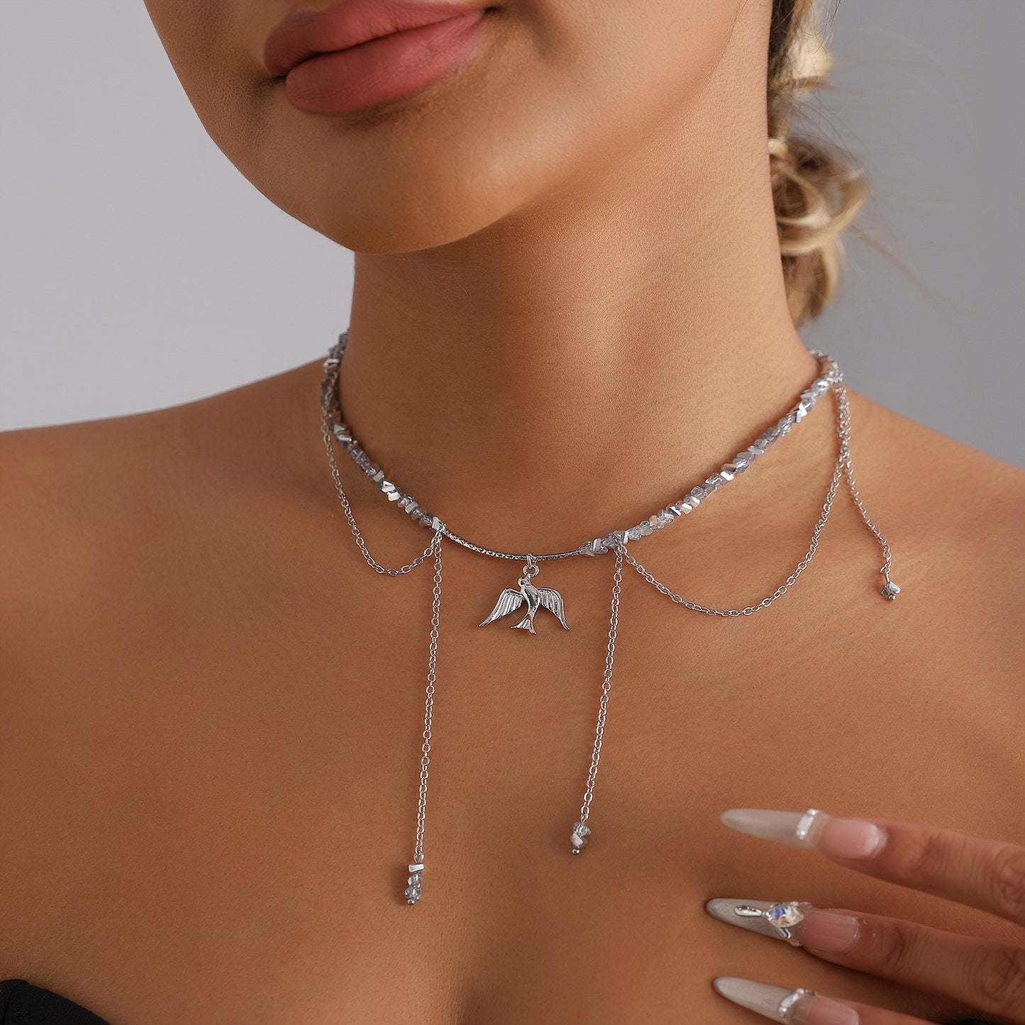 Fashion Faceted Triangle Crystal Bird Tassel Alloy Necklace for Women