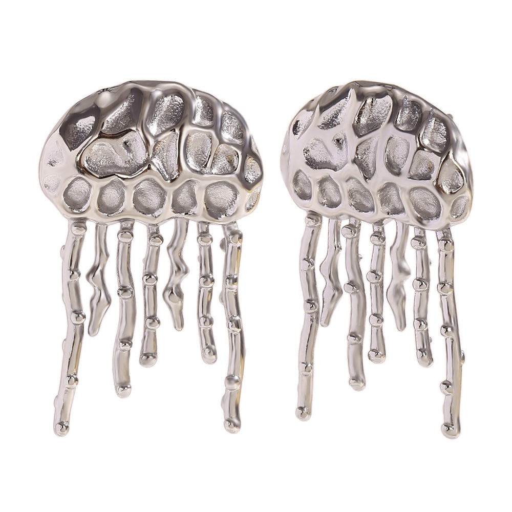 Fashionable Jellyfish-Shaped Stainless Steel Earrings with 18K Gold Plating and Hammered Texture