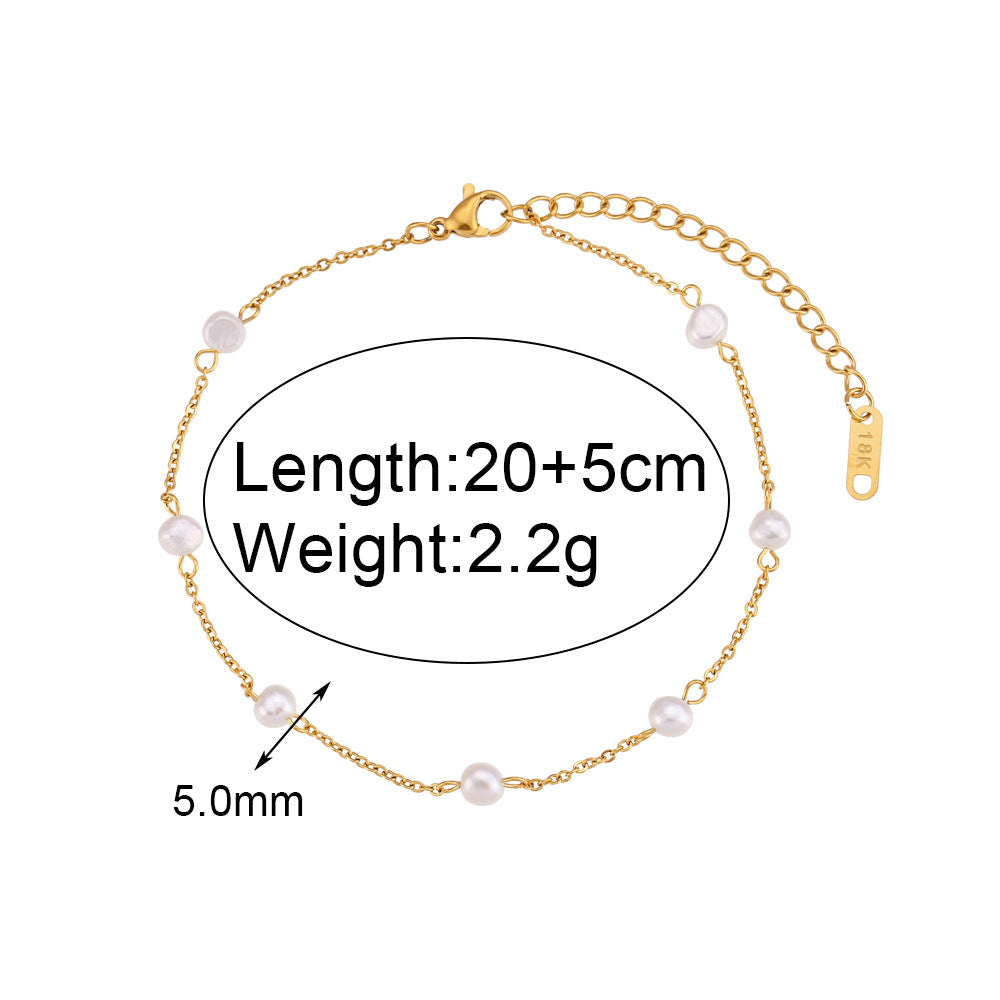 Tobillera Minimalista Geométrica de Perlas de Agua Dulce para Mujer con Zirconia Microincrustada en Cadena de Cuerda de Cáñamo