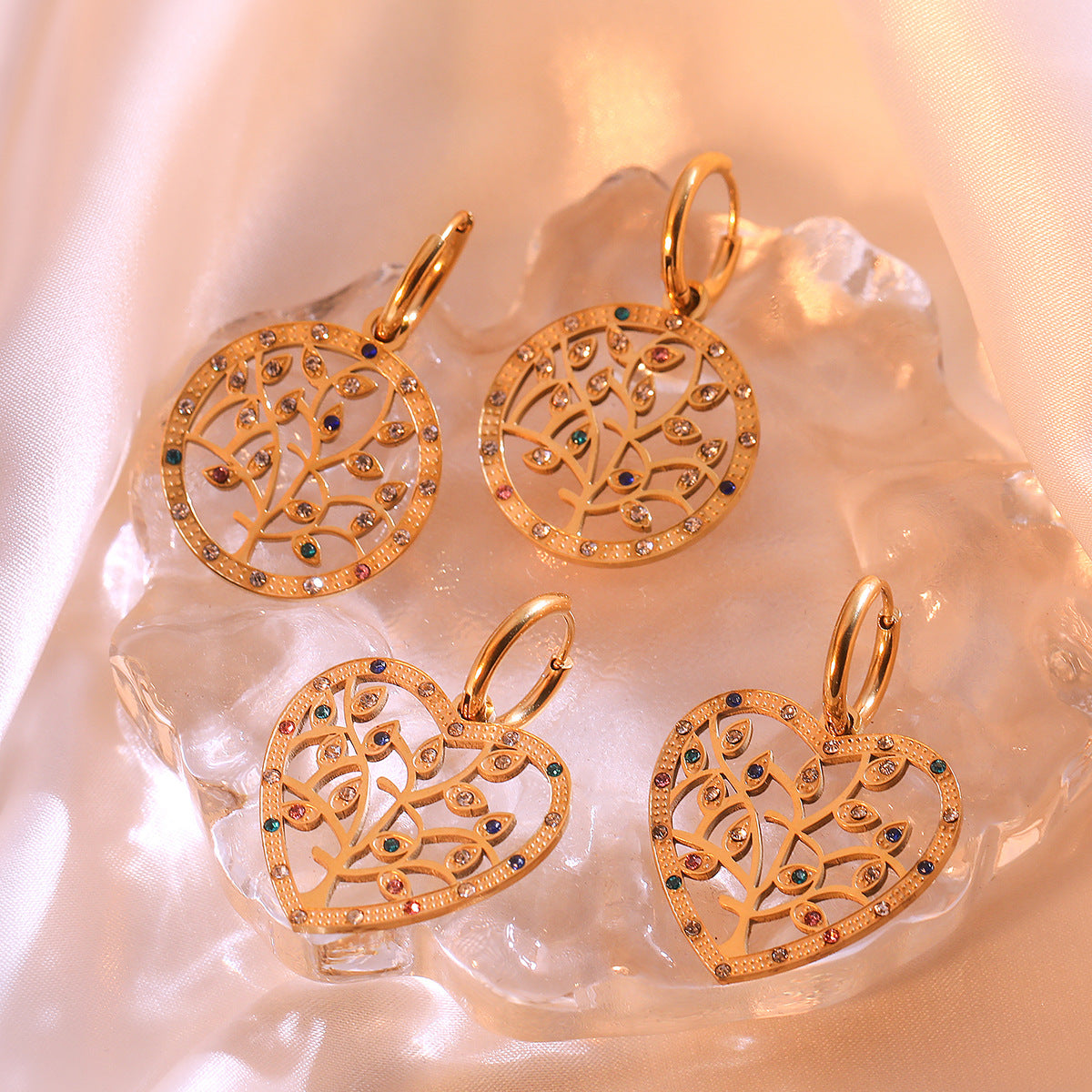 Minimalist Geometric Tree-Shaped Titanium Steel Earrings for Women with Genuine Gold Plating and Zircon Inlay
