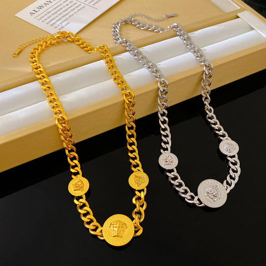 Vintage Streetwear Titanium Steel Plated Geometric Medusa Head Cuban Link Chain Necklace for Unisex