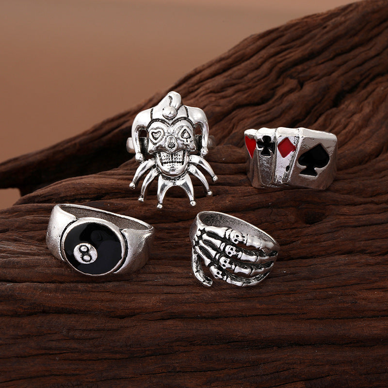 Hip-hop Vintage Geometric Skull Clown Poker Eye Drip Oil Plated Alloy Ring Set for Women