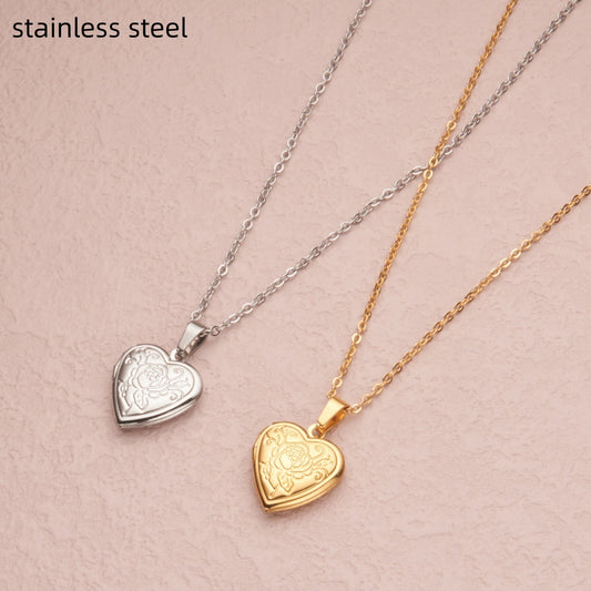 Collar con colgante en forma de corazón, de acero inoxidable, dulce, fresco y natural, con diseño de marco de rosa que se abre, con acabado chapado en oro o plata.