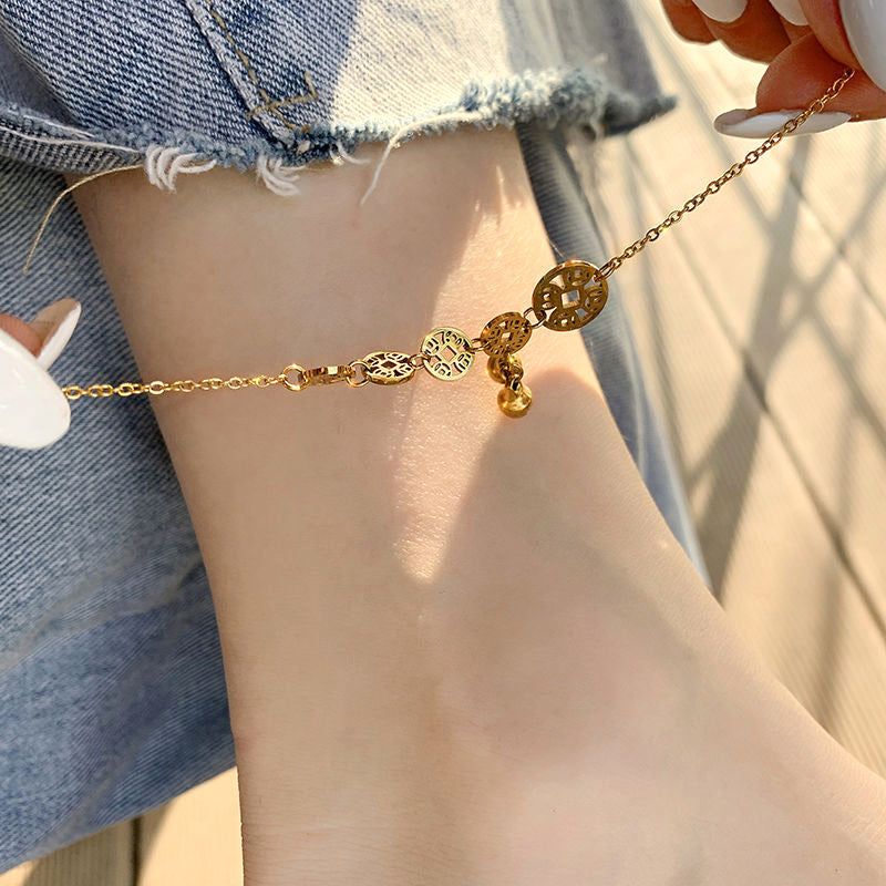 Vintage Coin Bell Anklet 18K Plated Titanium Steel Minimalist Foot Jewelry for Women