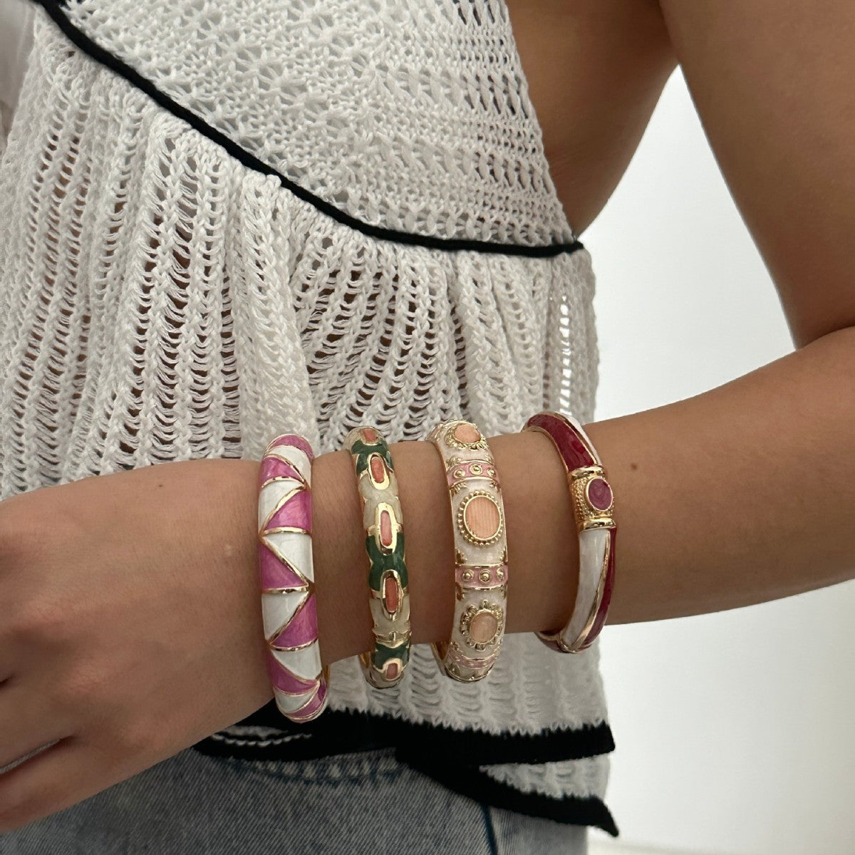 Colorful Geometric Checkered Drip Oil Plated Alloy Open Cuff Bracelet