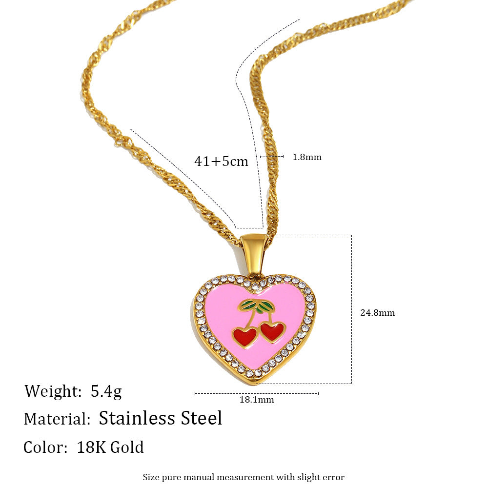 Luxury French-Inspired Cherry Heart Pendant Necklace in Stainless Steel with 18K Gold Plating and Enamel Finish
