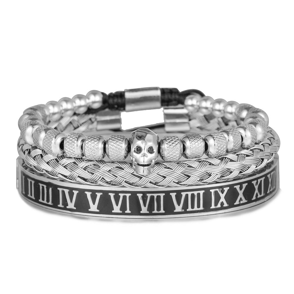 Vintage Streetwear Skull Letter Number Braided Titanium Steel Bracelet with Cubic Zirconia