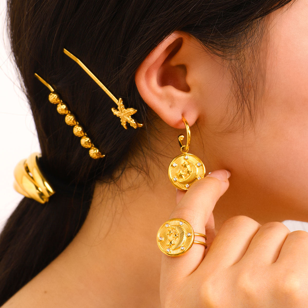 Minimalist Geometric Moon and Star Pendant Set in Stainless Steel with 18K Vacuum Plated Gold Finish for Women