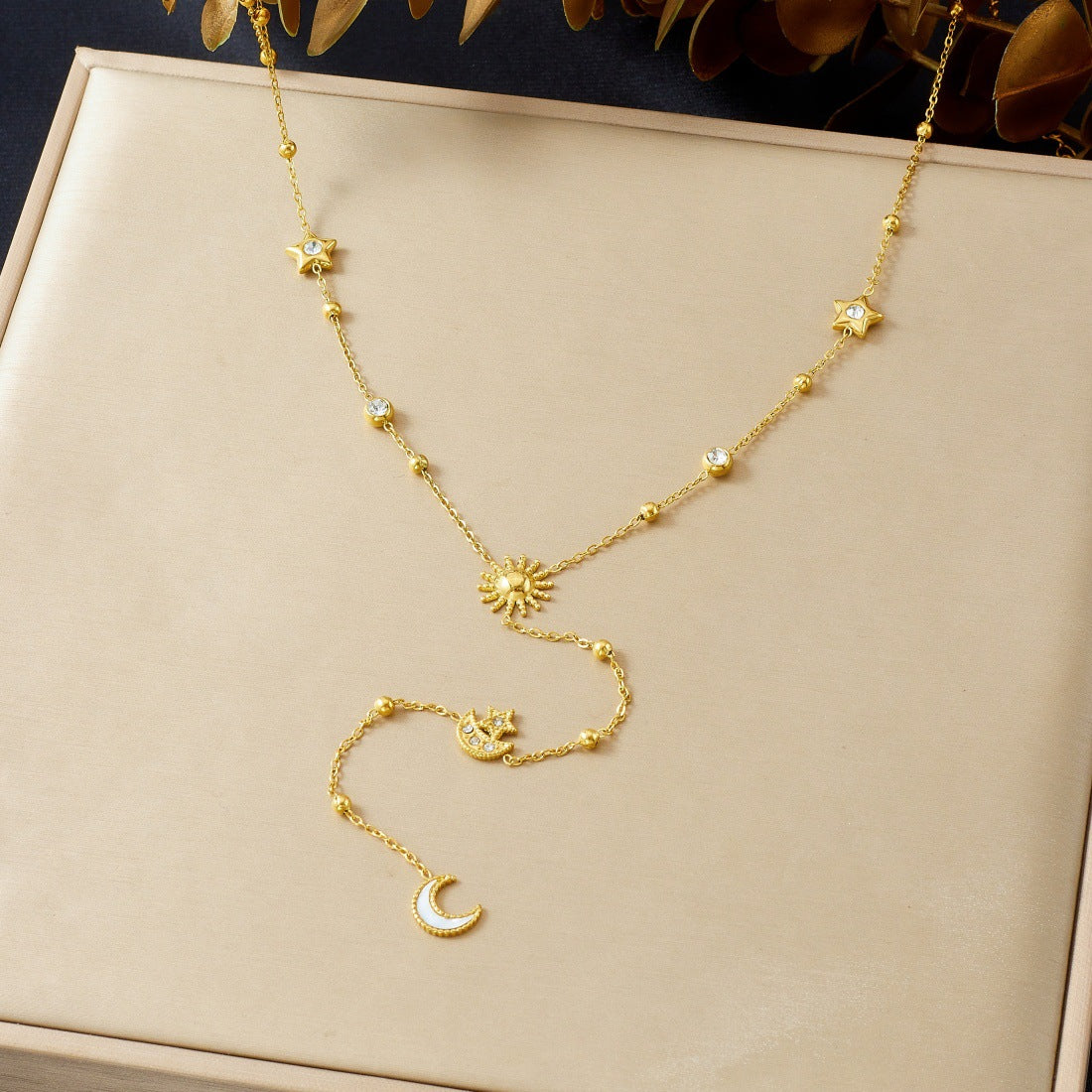 Minimalist Rhinestone Inlaid Stainless Steel Star Moon Sun Pendant Y-Chain Tassel Necklace for Women