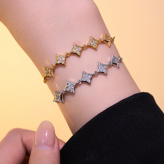 Elegant Luxury-Style Rhinestone Star-Shaped Titanium Steel Bracelet for Women, Hypoallergenic Vacuum-Plated, Fashionable and Versatile