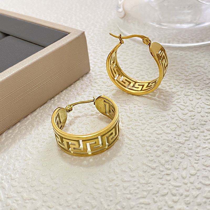 Vintage Geometric Hollow Great Wall Pattern Plated Brass Earrings for Women