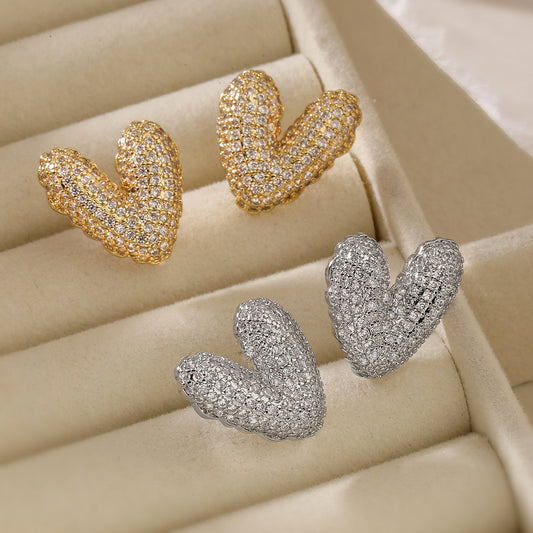 Pendientes de Cobre en Forma de Corazón Minimalistas con Baño de Oro de 18K y Detalles de Zirconia para Mujer