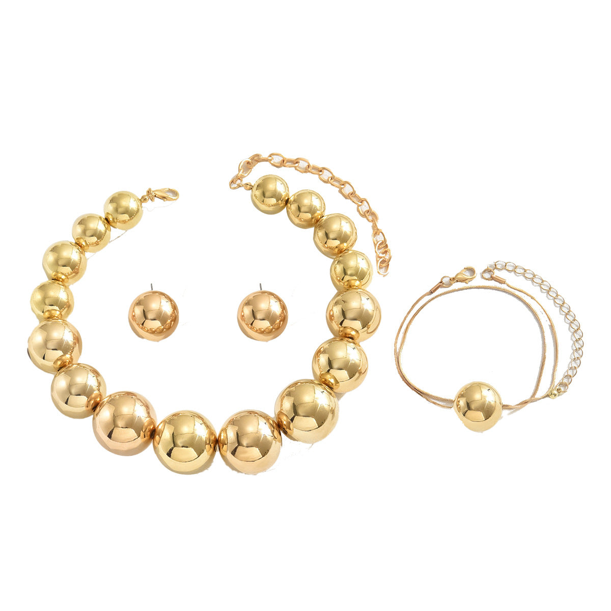 Set di gioielli da donna con collana, orecchini e bracciale geometrici minimalisti in lega con sfera rotonda, placcati in modo galvanico