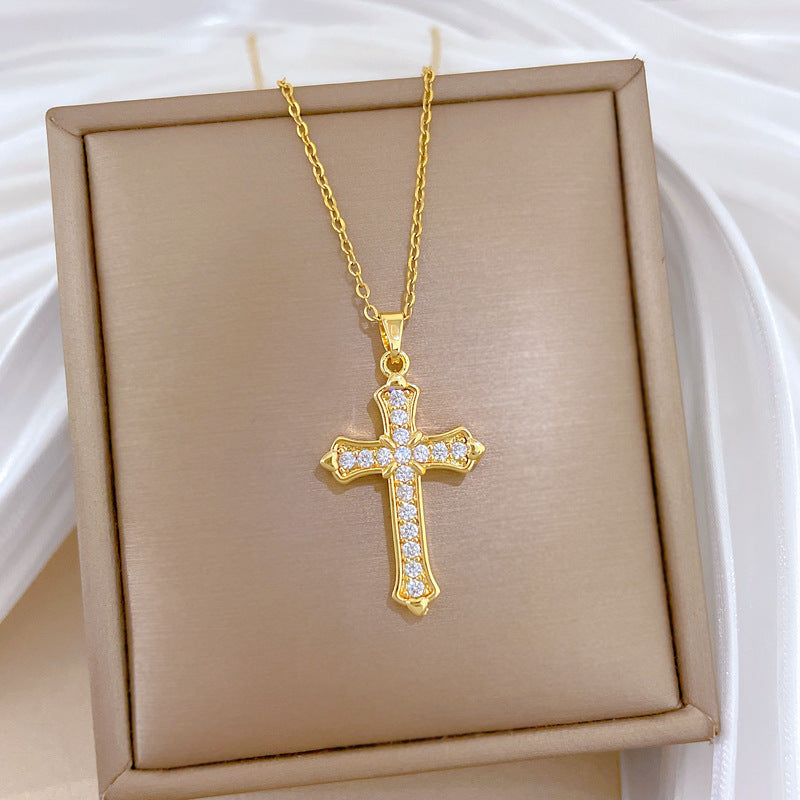Sweet Elegant Cross Cubic Zirconia Titanium Steel Necklace for Unisex