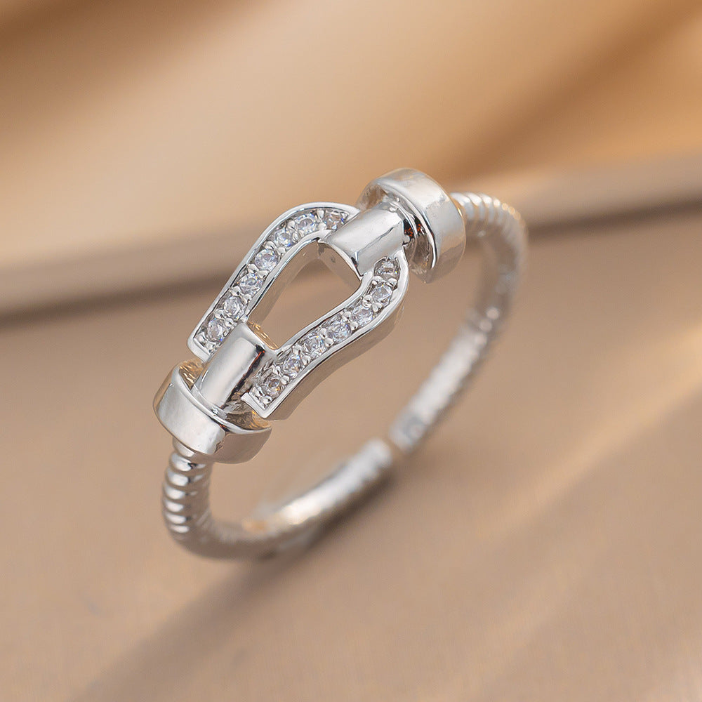 Luxury Minimalist Adjustable Open Ring for Women with Gold-Plated Copper Band and Zircon Stone Accent in Heart and Floral Shape