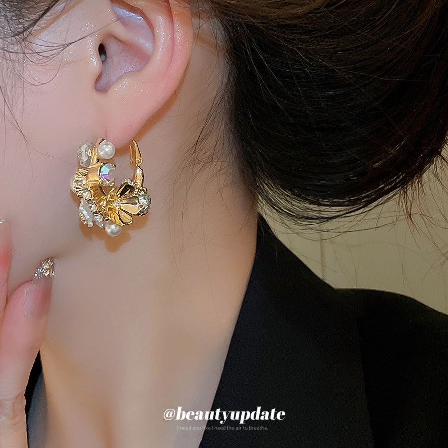 Orecchini Eleganti Francesi Vintage Floreali con Perle e Intarsi di Strass da Donna
