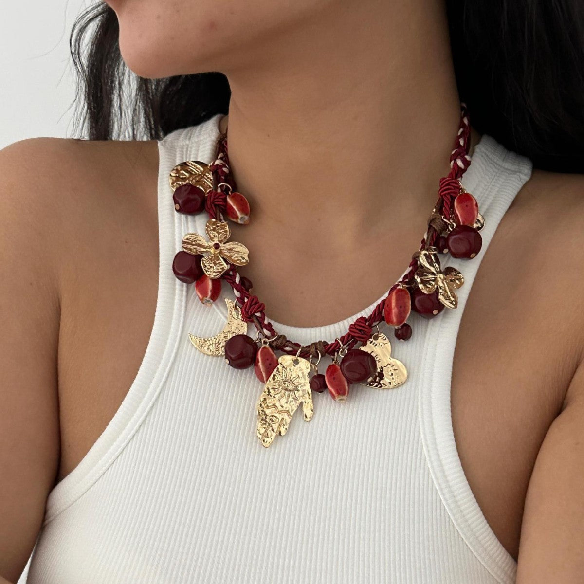 Vintage Geometric Hand Heart Moon Alloy Plated Necklace with Red Beads Rope Chain Unisex