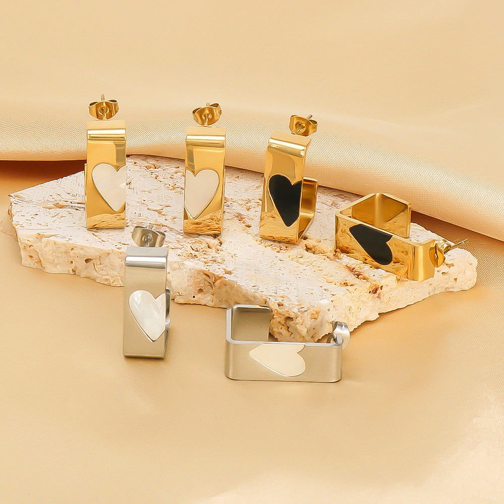 Minimalist Rectangular Stainless Steel Earrings with 18K Gold Plating and Mother-of-Pearl Inlay Heart Accent