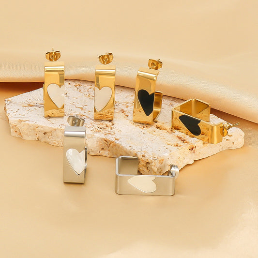 Minimalist Rectangular Stainless Steel Earrings with 18K Gold Plating and Mother-of-Pearl Inlay Heart Accent