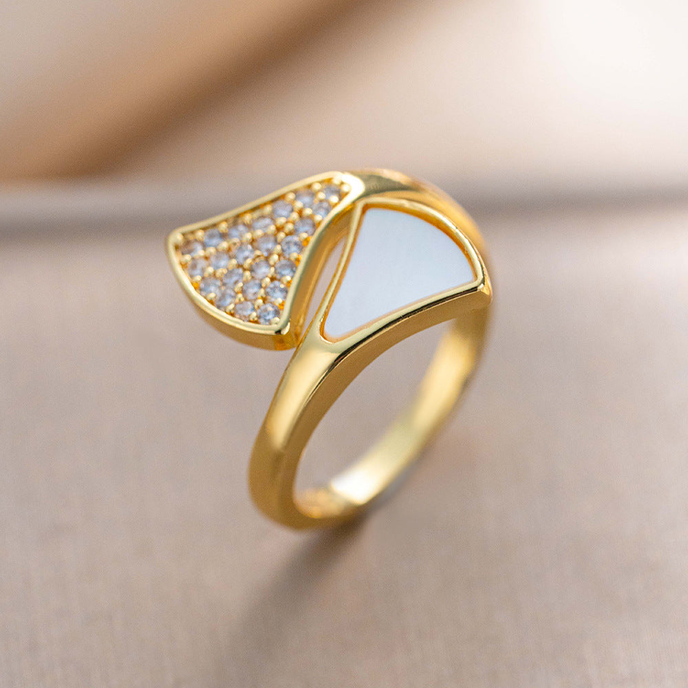Luxury Minimalist Adjustable Open Ring for Women with Gold-Plated Copper Band and Zircon Stone Accent in Heart and Floral Shape